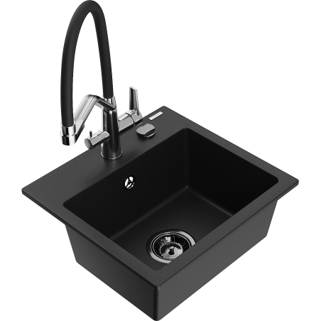 Mexen Milo granite sink 1-bowl with Duo kitchen mixer, black - 6505-77-671701-07-B