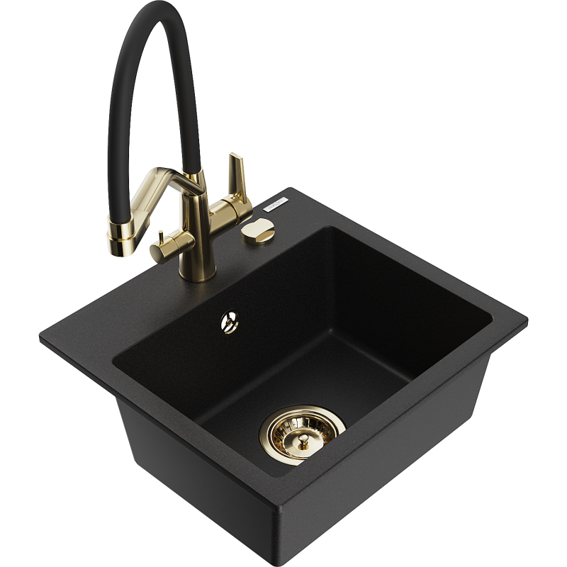 Mexen Milo 1-bowl granite kitchen sink with Duo tap, black - 6505-77-671701-57-G