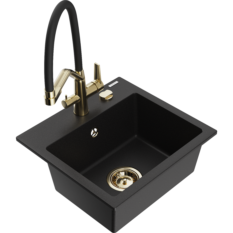 Mexen Milo 1-compartment granite sink with a kitchen mixer tap Duo, Black - 6505-77-671701-57-G