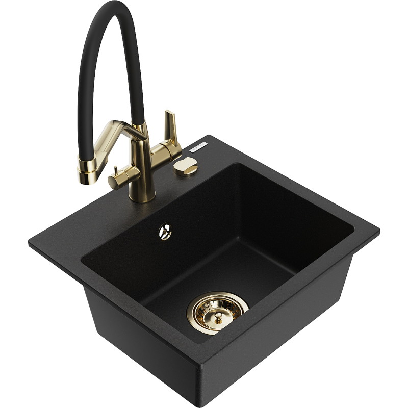 Mexen Milo granite kitchen sink 1-chamber with Duo kitchen faucet, black - 6505-77-671701-57-G