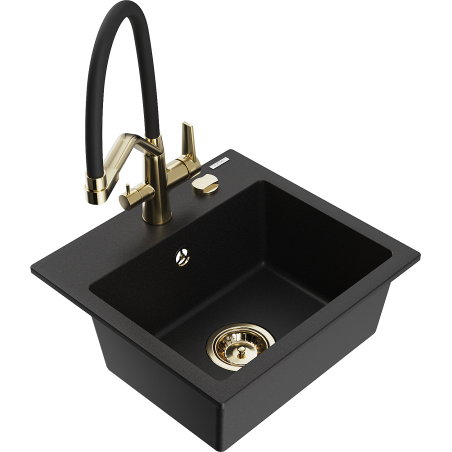 Mexen Milo granite kitchen sink with 1 bowl and Duo kitchen faucet, black - 6505-77-671701-57-G