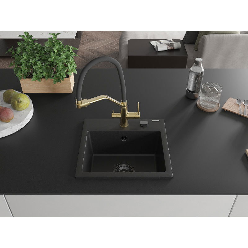 Mexen Milo granite kitchen sink 1-bowl with Duo kitchen tap, black - 6505-77-671701-57-B