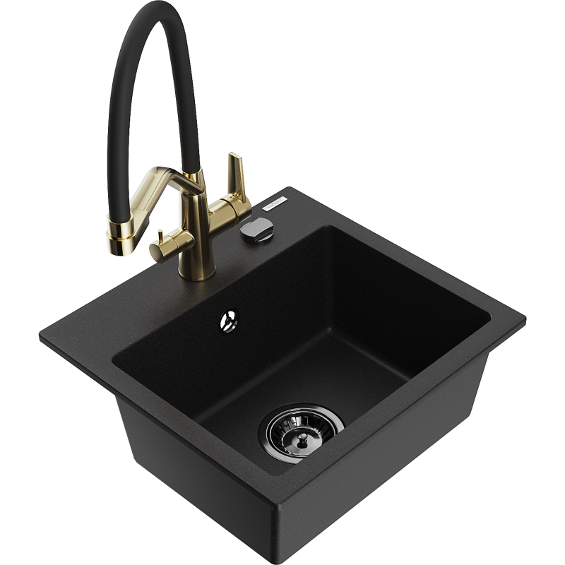 Mexen Milo 1-compartment granite sink with a kitchen mixer tap Duo, Black - 6505-77-671701-57-B