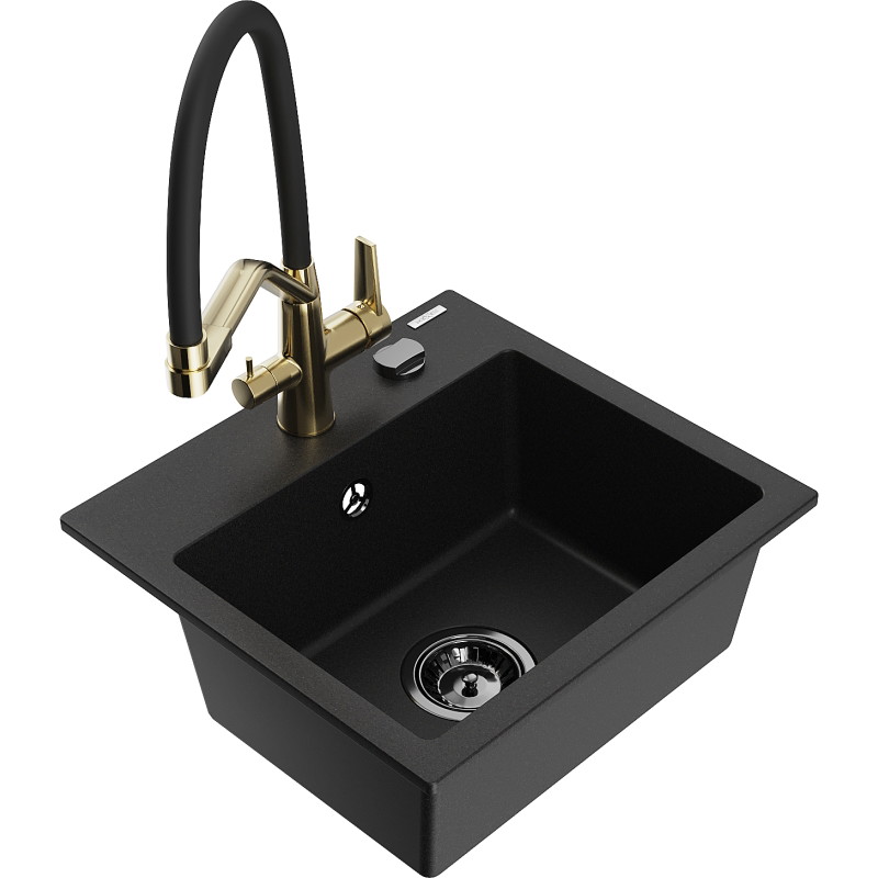Mexen Milo granite kitchen sink 1-bowl with Duo kitchen faucet, black - 6505-77-671701-57-B