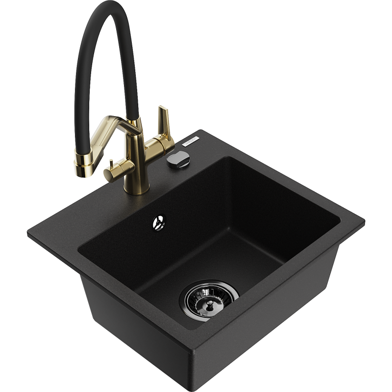 Mexen Milo granite kitchen sink 1-bowl with Duo kitchen tap, black - 6505-77-671701-57-B