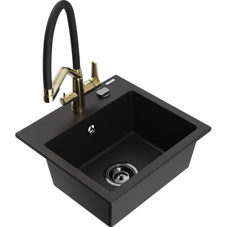 Mexen Milo granite kitchen sink 1-bowl with Duo kitchen faucet, black - 6505-77-671701-57-B