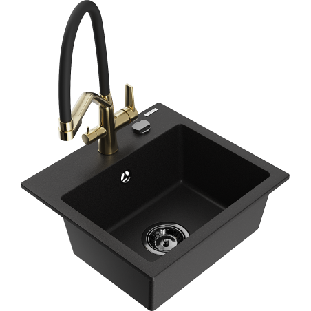 Mexen Milo granite kitchen sink 1-bowl with Duo kitchen tap, black - 6505-77-671701-57-B