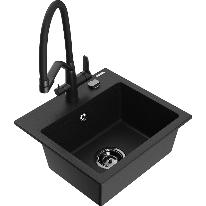 Mexen Milo 1-compartment granite sink with a kitchen mixer tap Duo, Black - 6505-77-671701-70-B