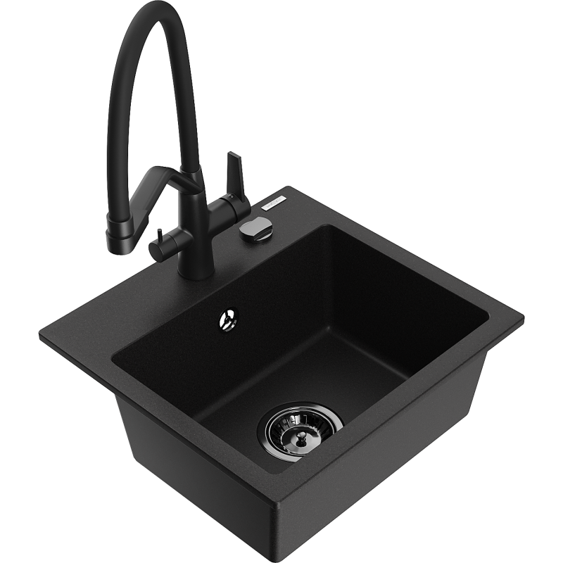 Mexen Milo granite sink 1-bowl with Duo kitchen tap, black - 6505-77-671701-70-B