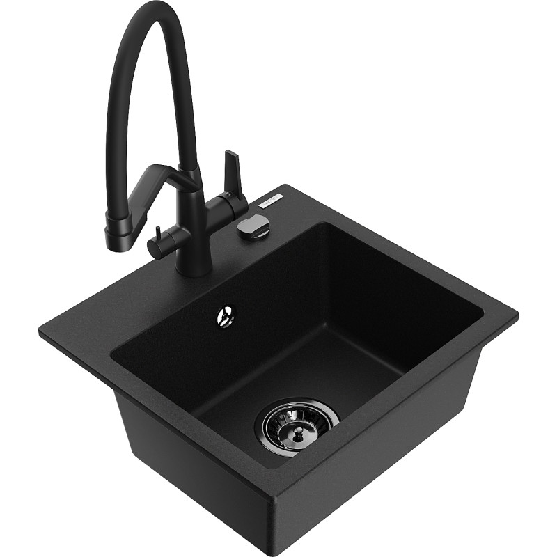 Mexen Milo single-bowl granite kitchen sink with Duo faucet, black - 6505-77-671701-70-B