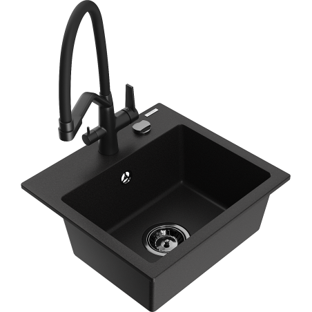 Mexen Milo granite kitchen sink 1-bowl with Duo kitchen faucet, black - 6505-77-671701-70-B