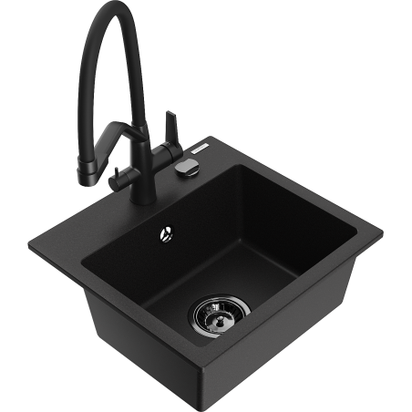 Mexen Milo single-bowl granite kitchen sink with Duo faucet, black - 6505-77-671701-70-B