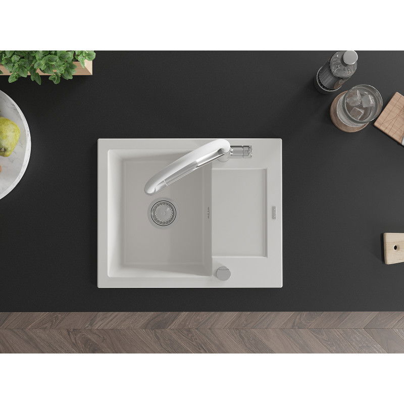 Mexen Enzo 1-bowl granite sink with drainer and Duo kitchen tap, white - 6506-20-671701-02