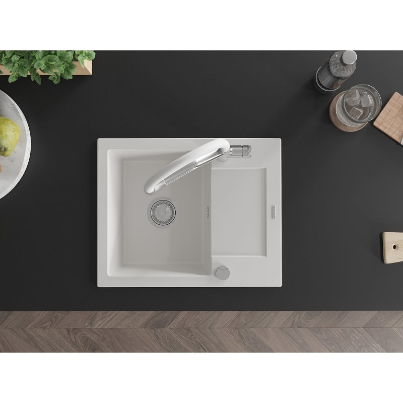 Mexen Enzo granite kitchen sink 1-bowl with drainer and Duo kitchen faucet, white - 6506-20-671701-02