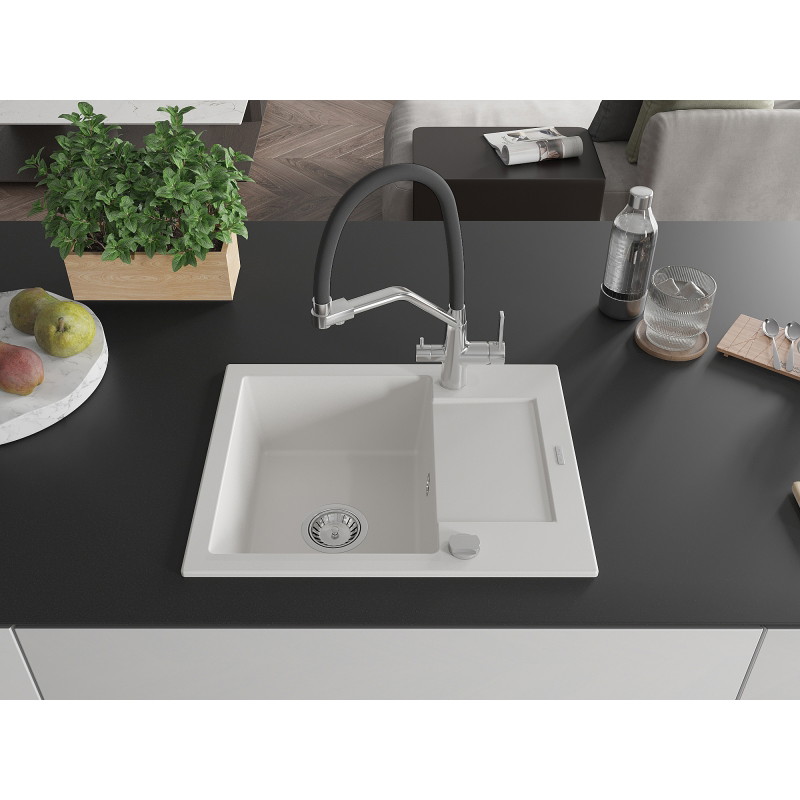 Mexen Enzo granite sink 1-bowl with drainer and Duo kitchen faucet, white - 6506-20-671701-07