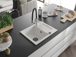 Mexen Enzo granite kitchen sink 1-bowl with drainer and Duo kitchen faucet, white - 6506-20-671701-07-B