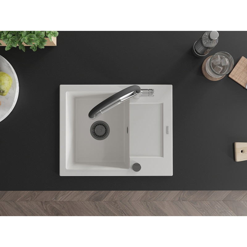 Mexen Enzo granite kitchen sink 1-bowl with drainer and Duo kitchen faucet, white - 6506-20-671701-07-B