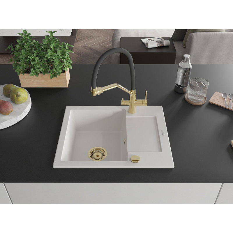 Mexen Enzo 1-bowl granite sink with drainer and Duo kitchen faucet, white - 6506-20-671701-57-G