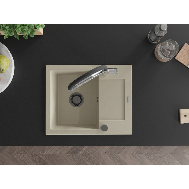 Mexen Enzo granite kitchen sink 1-bowl with drainer and Duo kitchen faucet, beige - 6506-69-671701-07-B