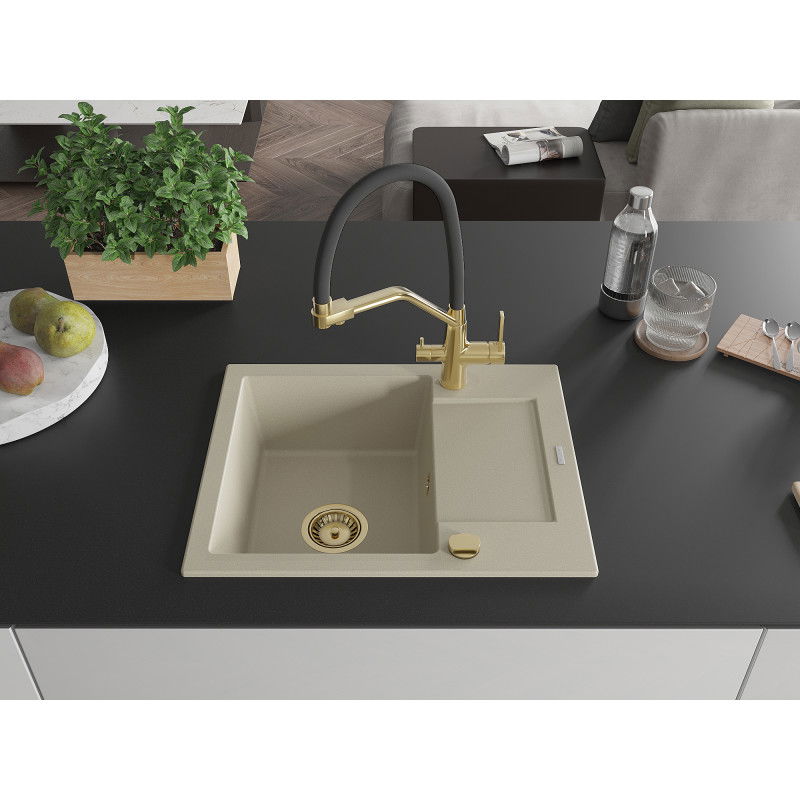 Mexen Enzo 1-Bowl Granite Sink with Drainer and Duo Kitchen Tap, Beige - 6506-69-671701-57-G