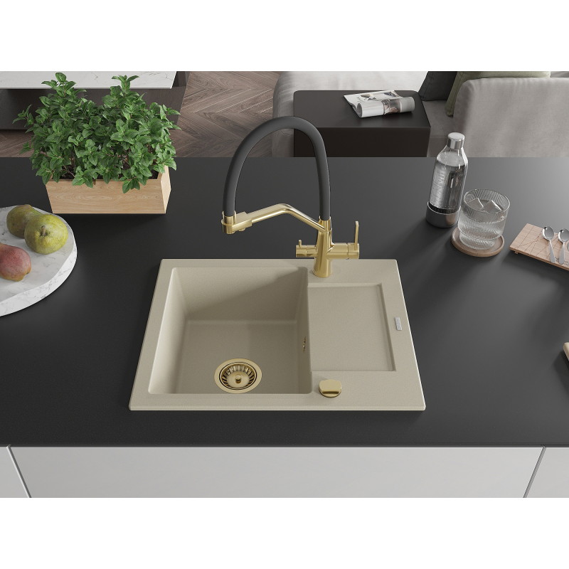 Mexen Enzo granite kitchen sink with 1 basin, drainer, and Duo kitchen faucet, beige - 6506-69-671701-57-G