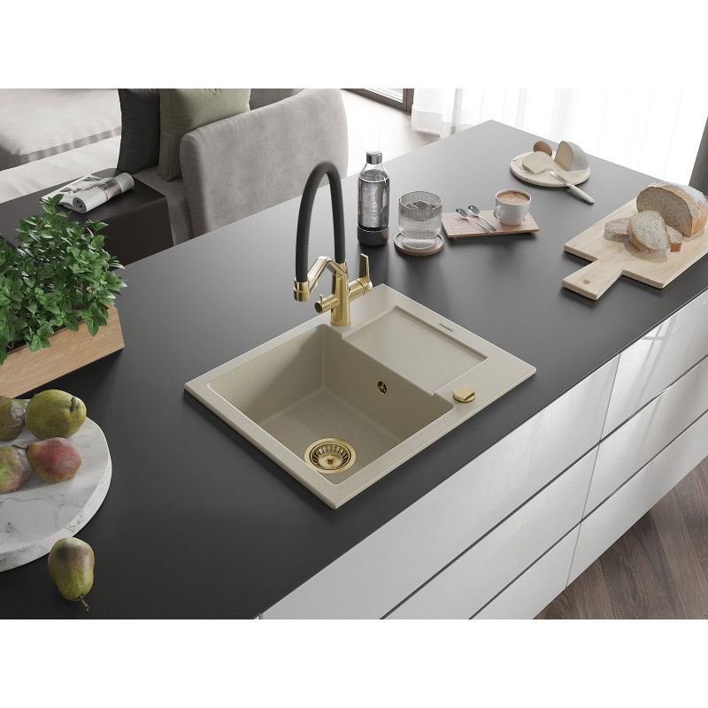 Mexen Enzo 1-Bowl Granite Sink with Drainer and Duo Kitchen Tap, Beige - 6506-69-671701-57-G