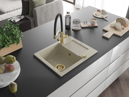 Mexen Enzo 1-compartment granite sink with a drip tray and kitchen mixer tap Duo, Beige - 6506-69-671701-57-G