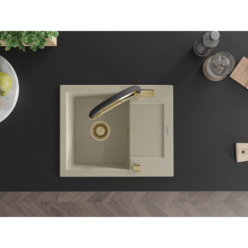 Mexen Enzo granite kitchen sink 1-bowl with drainer and Duo kitchen faucet, beige - 6506-69-671701-57-G