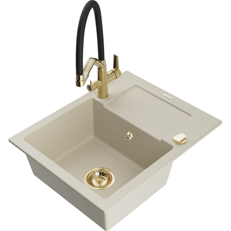 Mexen Enzo 1-Bowl Granite Sink with Drainer and Duo Kitchen Tap, Beige - 6506-69-671701-57-G
