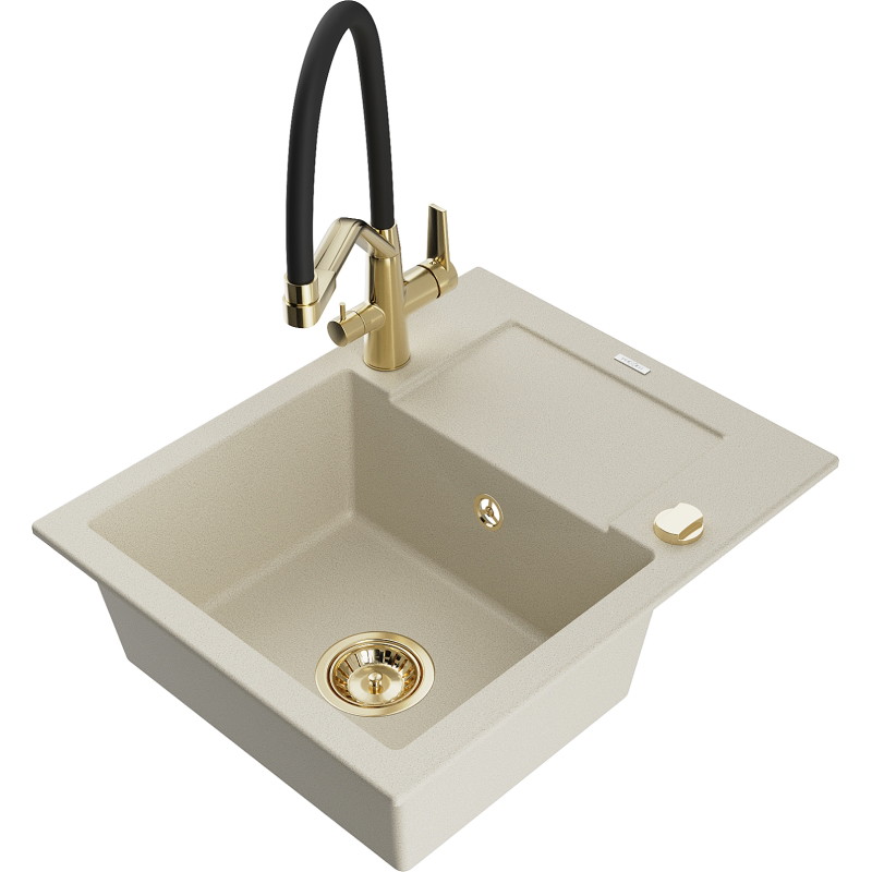 Mexen Enzo granite kitchen sink 1-bowl with drainer and Duo kitchen faucet, beige - 6506-69-671701-57-G