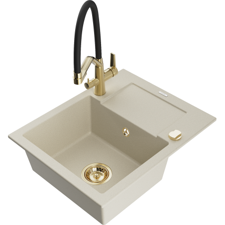 Mexen Enzo 1-Bowl Granite Sink with Drainer and Duo Kitchen Tap, Beige - 6506-69-671701-57-G