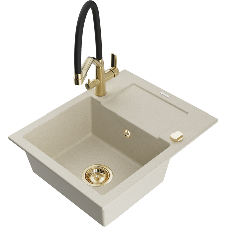 Mexen Enzo granite kitchen sink 1-bowl with drainer and Duo kitchen faucet, beige - 6506-69-671701-57-G