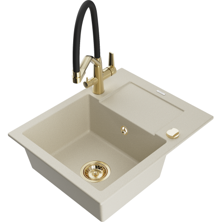 Mexen Enzo granite kitchen sink with 1 basin, drainer, and Duo kitchen faucet, beige - 6506-69-671701-57-G