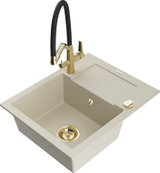 Mexen Enzo granite kitchen sink 1-bowl with drainer and Duo kitchen faucet, beige - 6506-69-671701-57-G