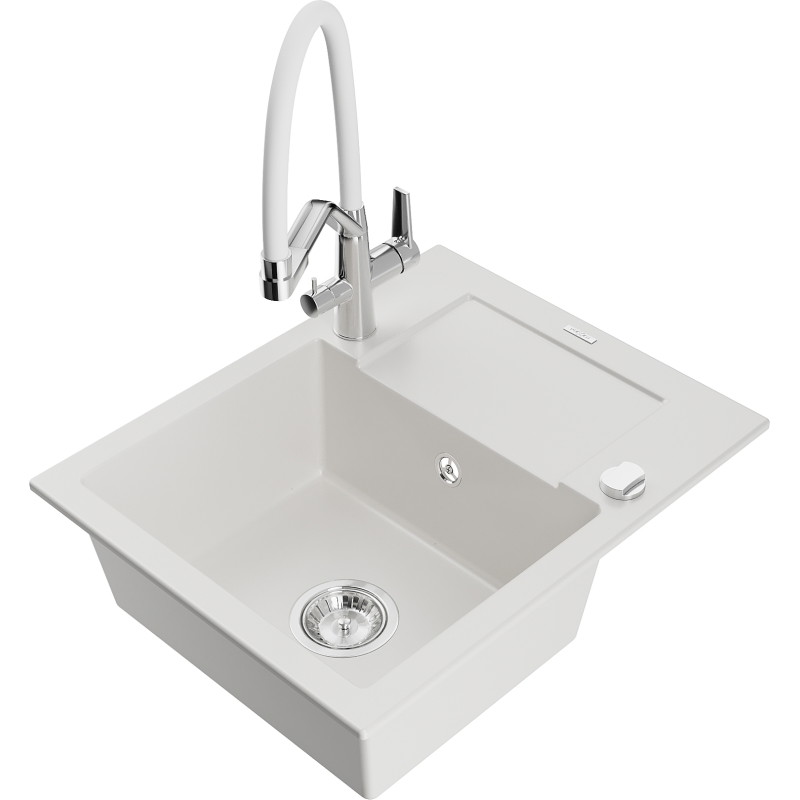 Mexen Enzo granite kitchen sink 1-bowl with drainer and Duo kitchen faucet, white - 6506-20-671701-02