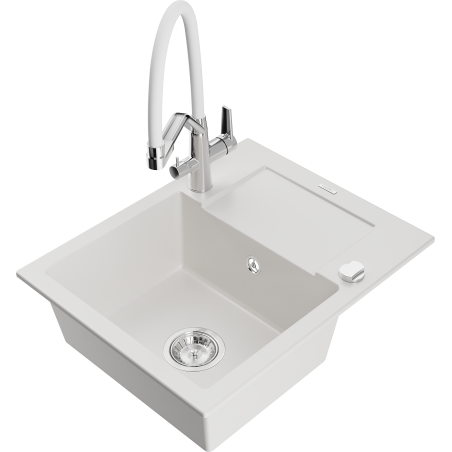 Mexen Enzo granite kitchen sink 1-bowl with drainboard and Duo kitchen faucet, white - 6506-20-671701-02