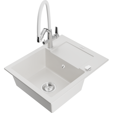 Mexen Enzo granite kitchen sink 1-bowl with drainer and Duo kitchen faucet, white - 6506-20-671701-02