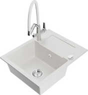 Mexen Enzo granite kitchen sink 1-bowl with drainer and Duo kitchen faucet, white - 6506-20-671701-02