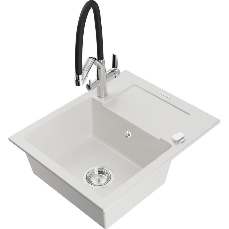 Mexen Enzo granite sink 1-bowl with drainer and Duo kitchen faucet, white - 6506-20-671701-07