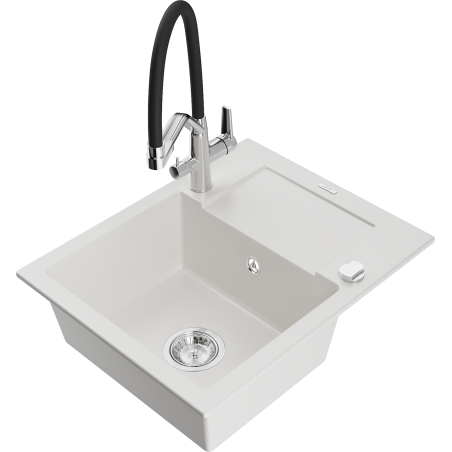 Mexen Enzo 1-bowl granite sink with drainer and Duo kitchen tap, white - 6506-20-671701-07