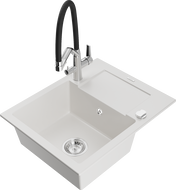 Mexen Enzo granite sink 1-bowl with drainer and Duo kitchen faucet, white - 6506-20-671701-07