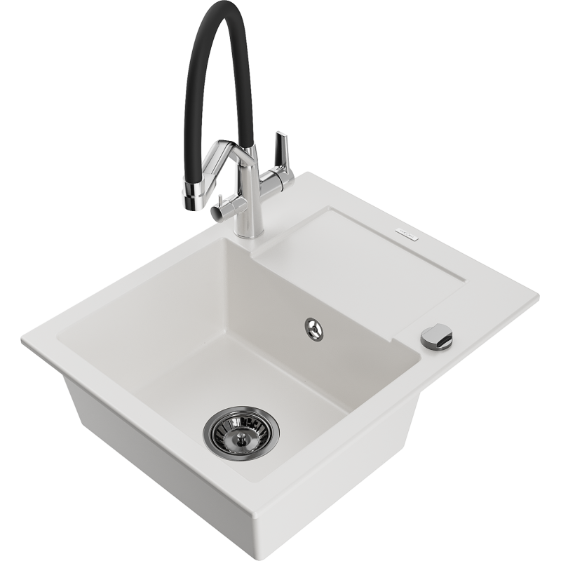 Mexen Enzo 1-compartment granite sink with a drip tray and kitchen mixer tap Duo, white - 6506-20-671701-07-B
