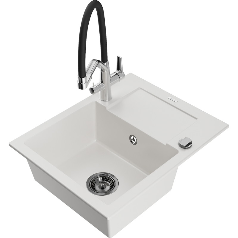 Mexen Enzo granite kitchen sink 1-bowl with drainer and Duo kitchen faucet, white - 6506-20-671701-07-B