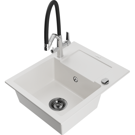 Mexen Enzo 1-bowl granite kitchen sink with drainer and Duo kitchen tap, white - 6506-20-671701-07-B