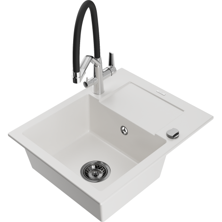 Mexen Enzo granite kitchen sink 1-bowl with drainer and Duo kitchen faucet, white - 6506-20-671701-07-B