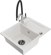 Mexen Enzo granite kitchen sink 1-bowl with drainer and Duo kitchen faucet, white - 6506-20-671701-07-B