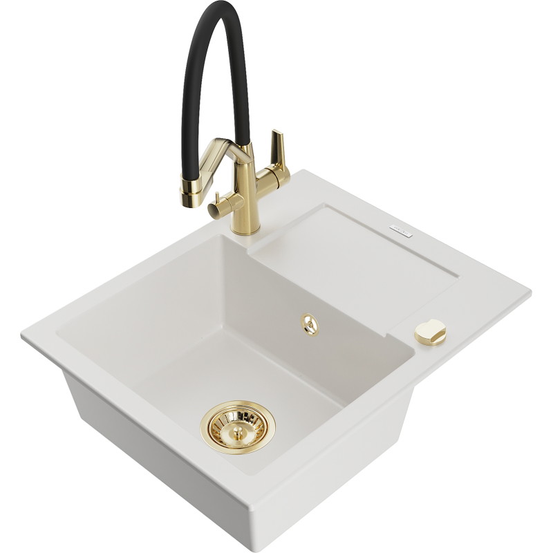 Mexen Enzo 1-bowl granite sink with drainer and Duo kitchen faucet, white - 6506-20-671701-57-G