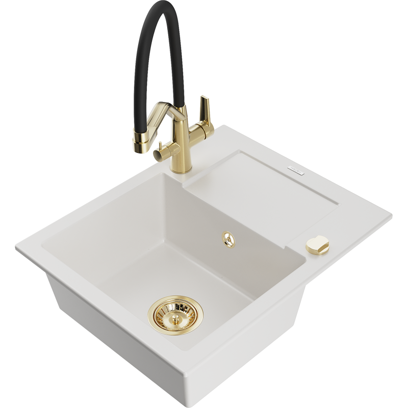 Mexen Enzo granite kitchen sink 1-bowl with drainer and Duo kitchen tap, white - 6506-20-671701-57-G