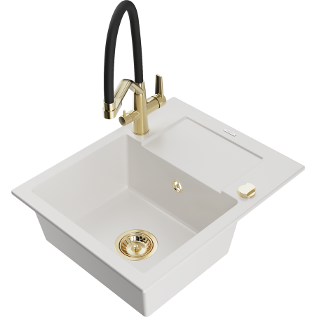 Mexen Enzo granite kitchen sink 1-bowl with drainer and Duo kitchen tap, white - 6506-20-671701-57-G