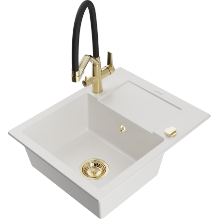 Mexen Enzo granite sink 1-bowl with drainer and Duo kitchen faucet, white - 6506-20-671701-57-G